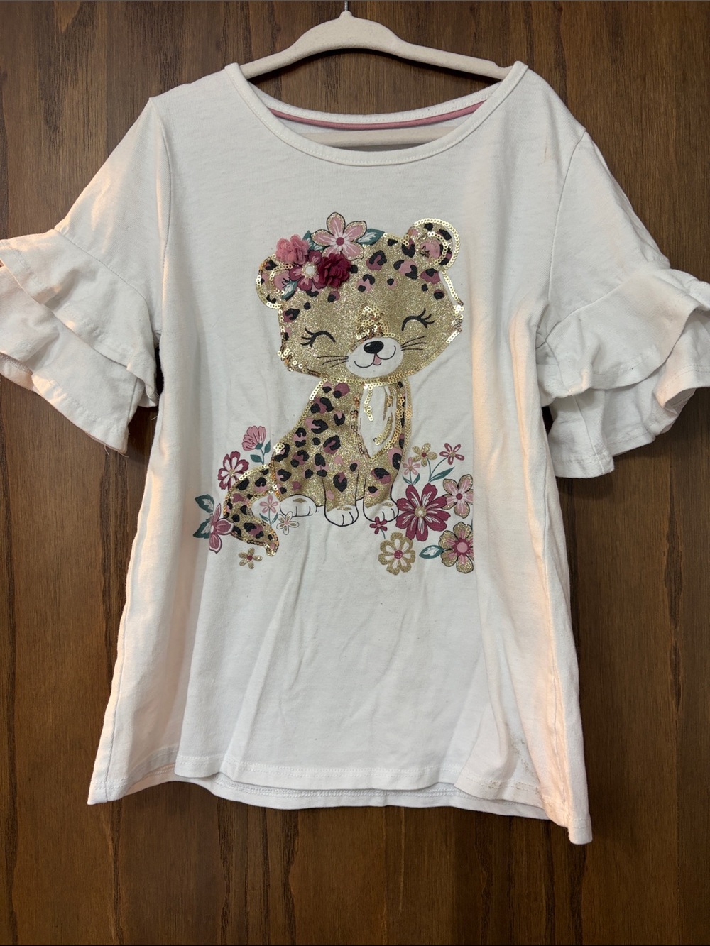 Isaac Mizrahi Cream Ruffle-Sleeve Tee with Sequin Leopard & Floral Print